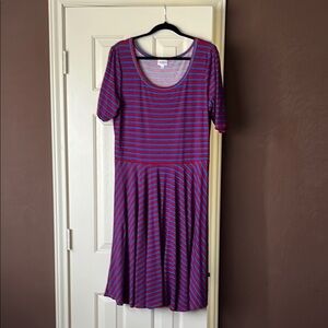 LuLaRoe Striped Blue and Red Midi Dress